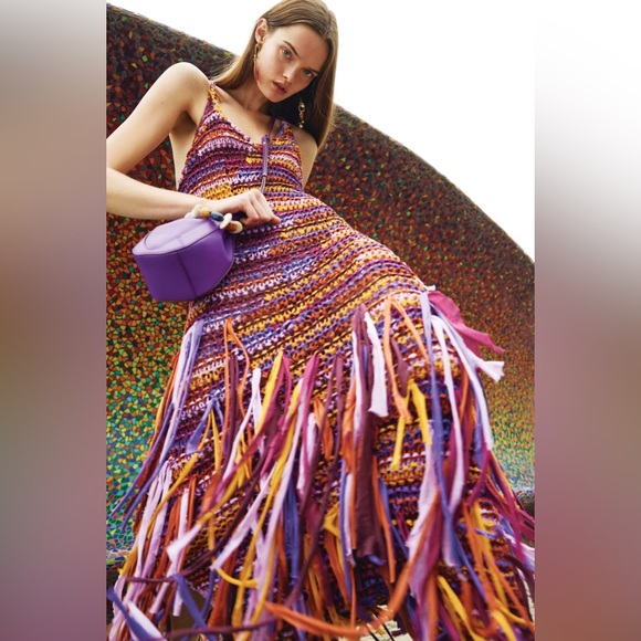 ULLA JOHNSON Emmalina Crochet Fringe Cotton & Silk Maxi Dress in Violet Orange - Picture 3 of 14